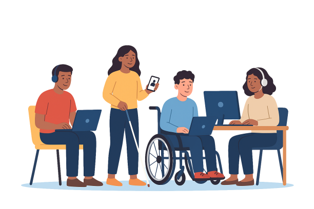 Diversas personas usando tecnologías accesibles